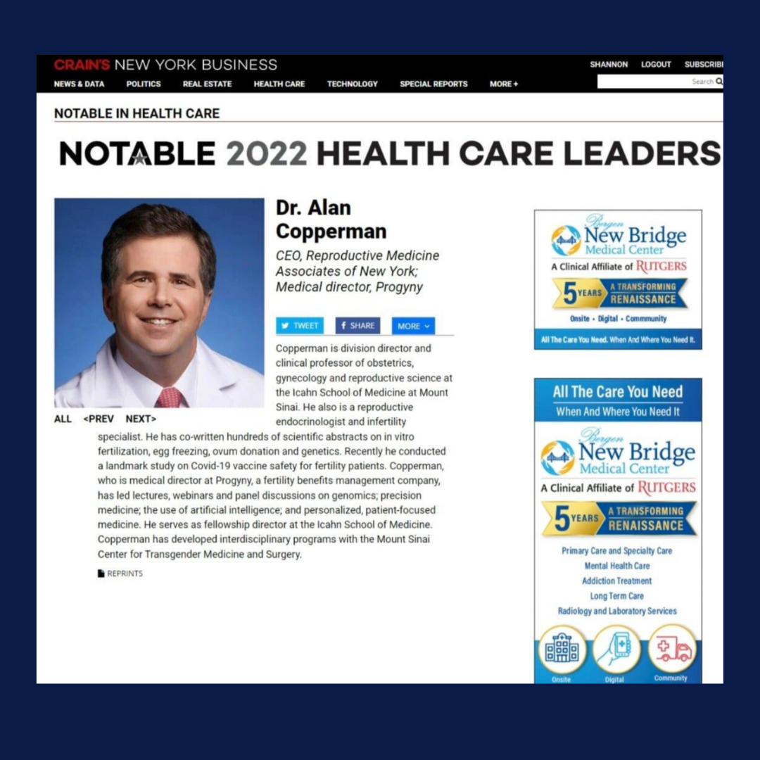 Alan Copperman, MD, Named Crain's New York Business 2022 Notable Health Care Leaders
